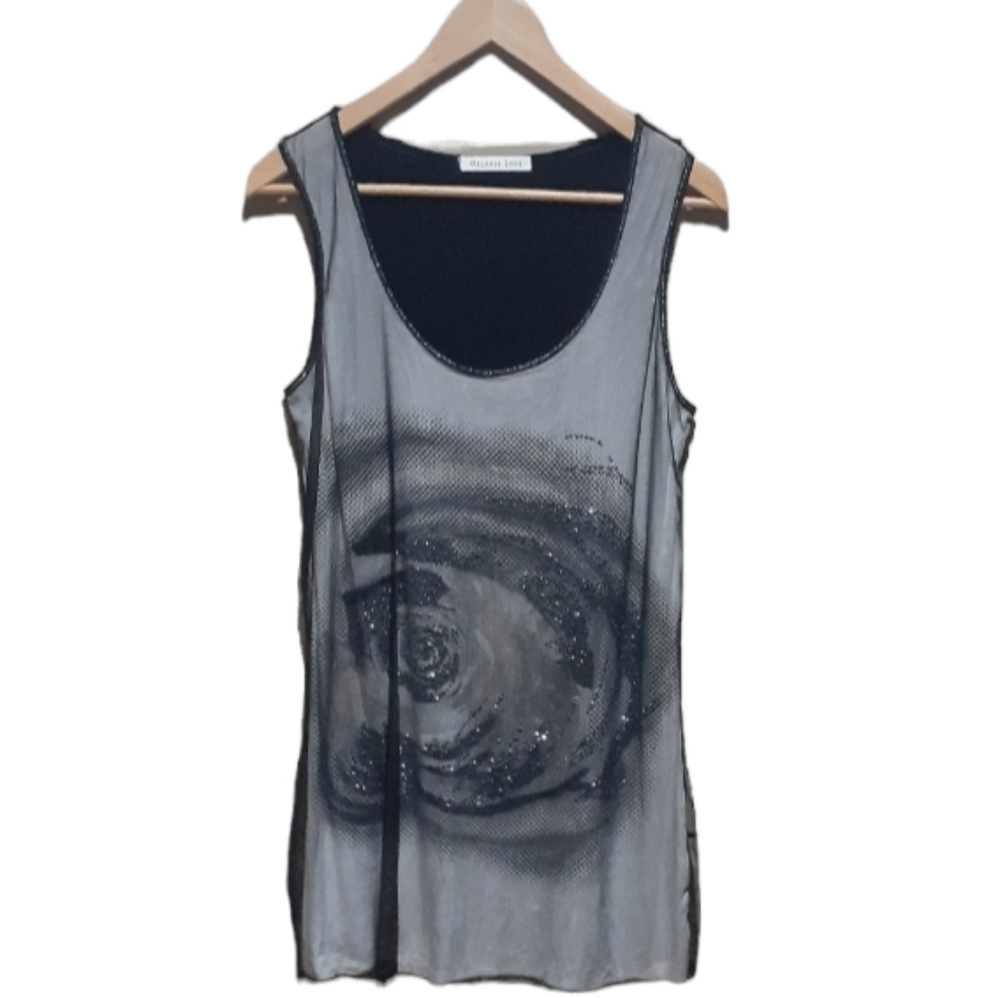 Melanie Lyne Women's Tank Blouse Mesh Overlay Graphic Black White Size Medium
